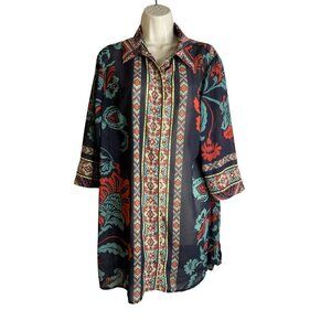 Soft Surroundings Size L Tribal Ikat Print Button Up Tunic Top Boho Sheer Kimono